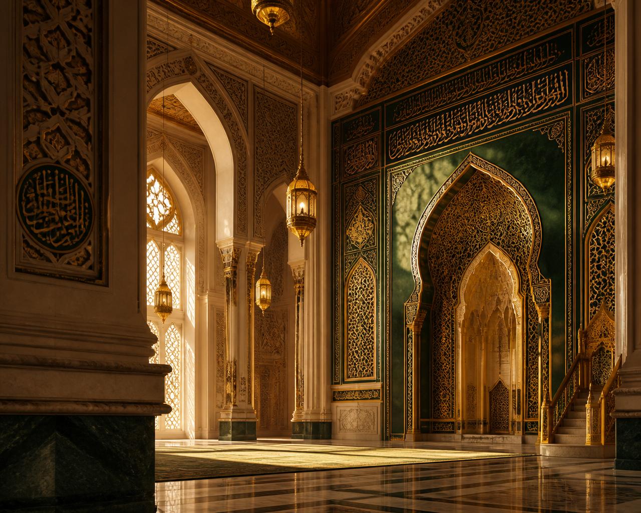 Ornate mosque interior with intricate Islamic geometric arches and golden lanterns